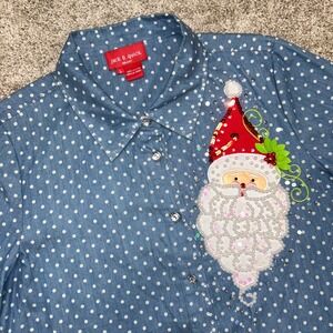 Jack B Quick Embellished Santa Claus‎ Polka Dot Holiday Button Front Women Large